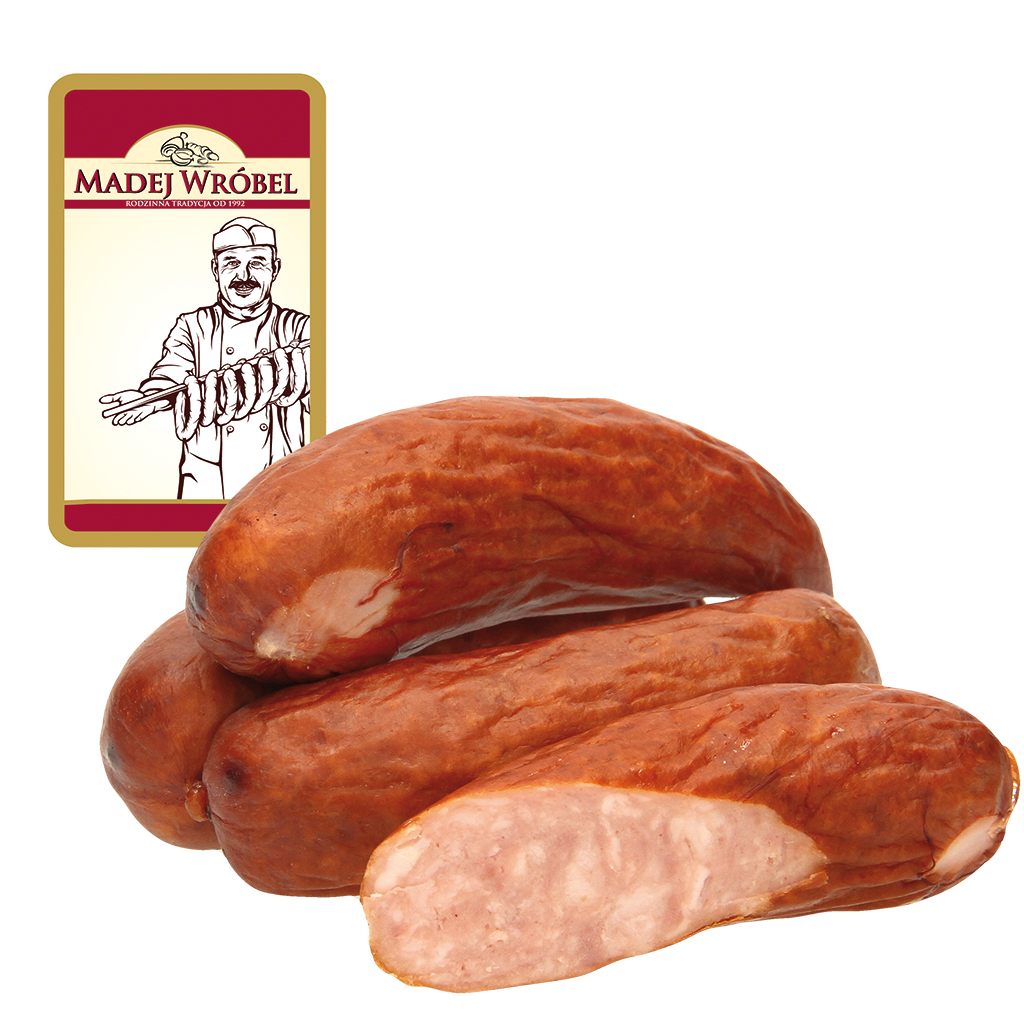 Mittelgrobe geräucherte Brühwurst mit Hähnchenseparatorenfleisch, mit Zusatz von Wasser, Kartoffelstärke und Sojaeiweiß "Kielbasa paryska"