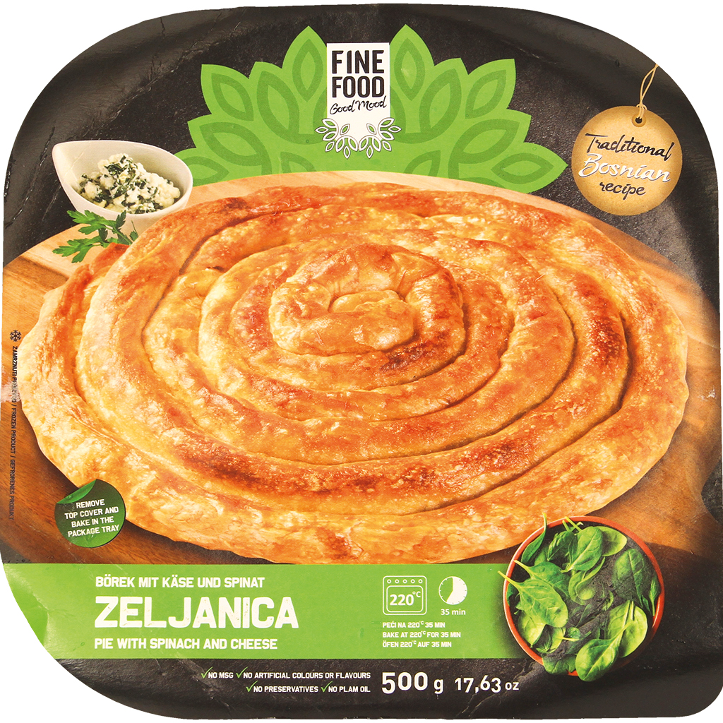 Börek mit Käse und Spinat "Zeljanica Tepsija", schnell gefrorenes Teigprodukt mit Käse- und Spinatfüllung