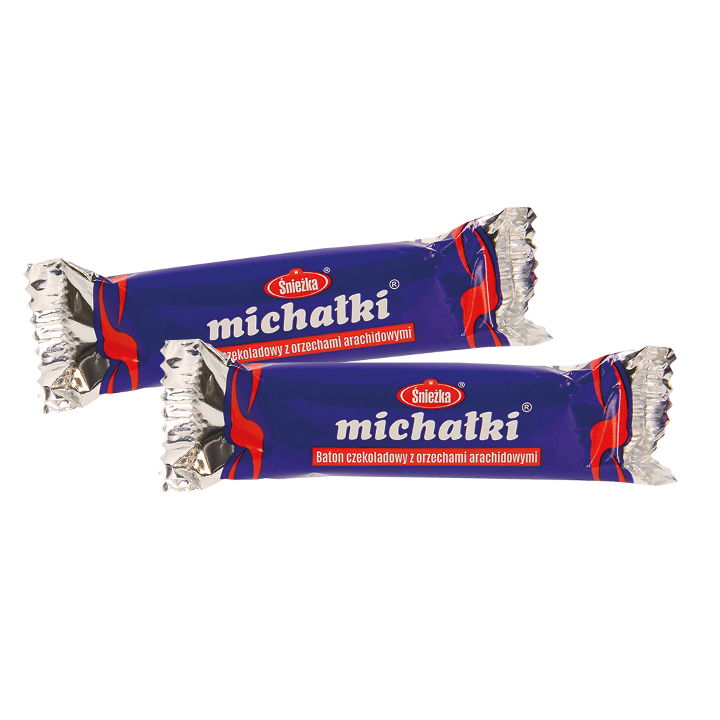 Riegel "Michalki" mit 20% Erdnüssen, mit Schoko-Erdnuss-Geschmack, umhüllt von Schokolade. Schokolade enthält neben Kakaobutter auch andere pflanzliche Fette