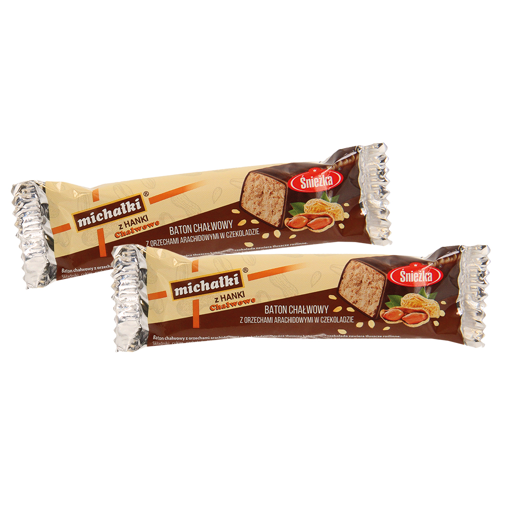 Erdnussriegel "Michalki" mit Waffel-Krümeln und Sesam, umhüllt von Schokolade. Schokolade enthält neben Kakaobutter auch andere pflanzliche Fette.
