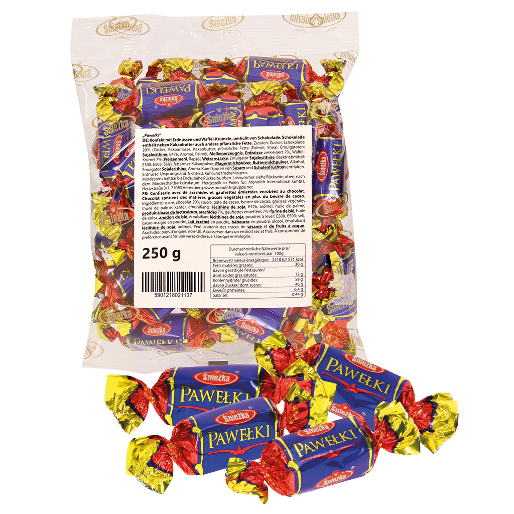 Konfekt mit Erdnüssen und Waffel-Krümeln, umhüllt von Schokolade. Schokolade enthält neben Kakaobutter auch andere pflanzliche Fette.