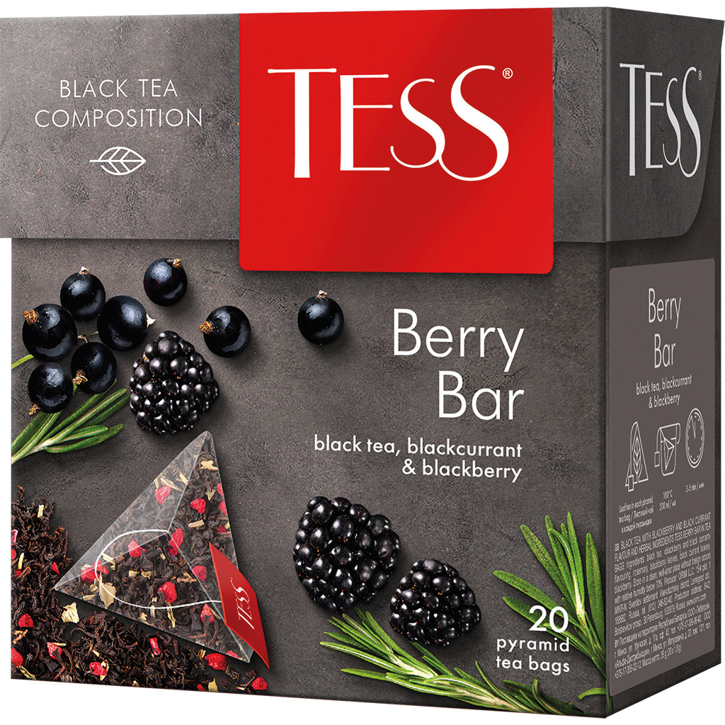 Schwarzer Tee "Tess Berry Bar", aromatisiert- Brombeere und schwarze Johannisbeere, mit Rosmarin, Brombeerblättern und schwarze Johannisbeerblättern, in Pyramidenteebeuteln
