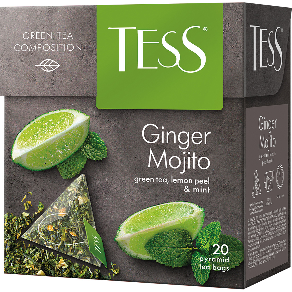 Grüner Tee "Tess Ginger Mojito", aromatisiert- Mojito, mit Zitronenschalen, Minze und Ingwer, in Pyramidenteebeuteln