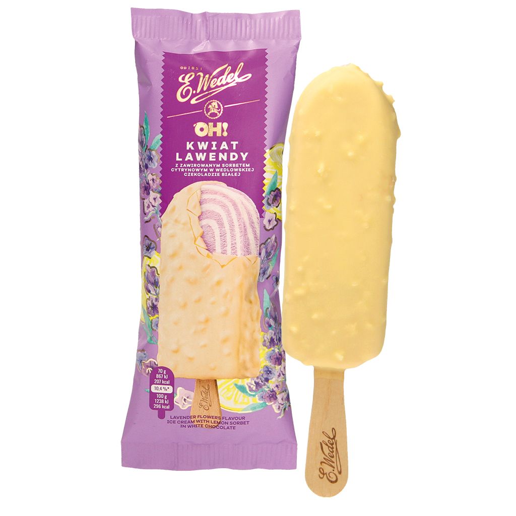 Eis "OH! Kwiat Lawendy" mit Lavendelgeschmack verstrudelt mit Zitronensorbet (50%) in weißer Schokolade mit Zitronenstückchen.