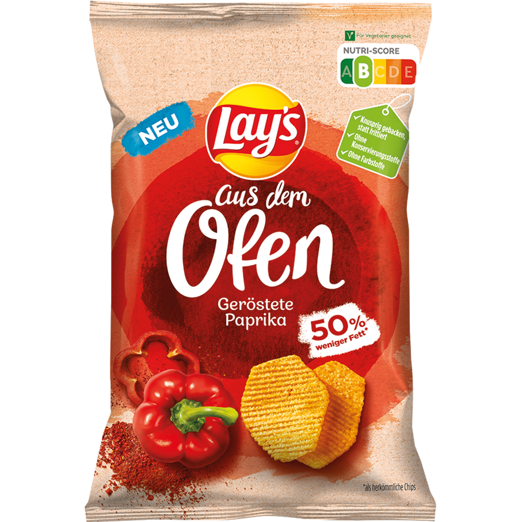Gebackener Kartoffelsnack "Lays" aus dem Ofen geröstete Paprika mit Paprika-Geschmack