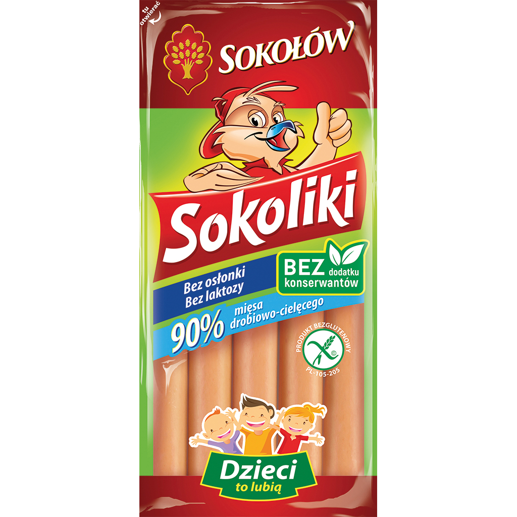 "SOKOLIKI" Hähnchenfleischwürstchen mit 5,6% Kalbfleisch im Fleischanteil. Geräuchert, ohne Wursthülle, vakuumverpackt.