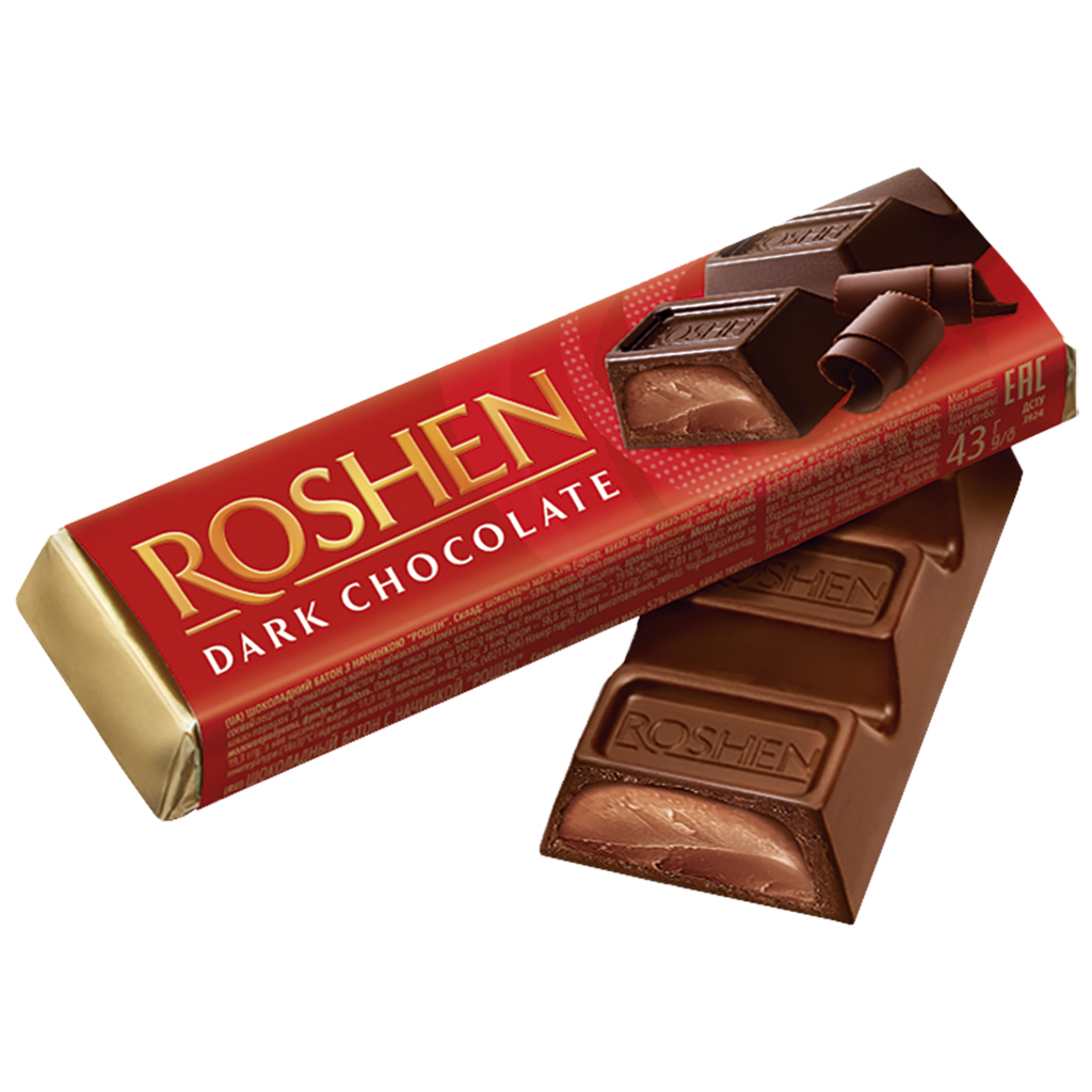 "Batonchik" Schokolade-Riegel mit Kakaocremefüllung (43%). Enthält Alkohol.