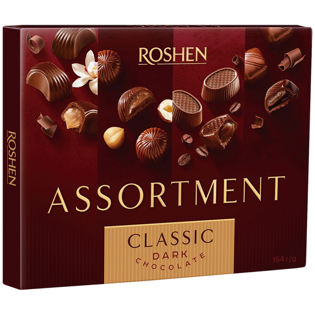 "Assortment Classic" Konfektmischung aus Schokoladenkonfekt mit verschiedenen Füllungen. Enthält Alkohol.
