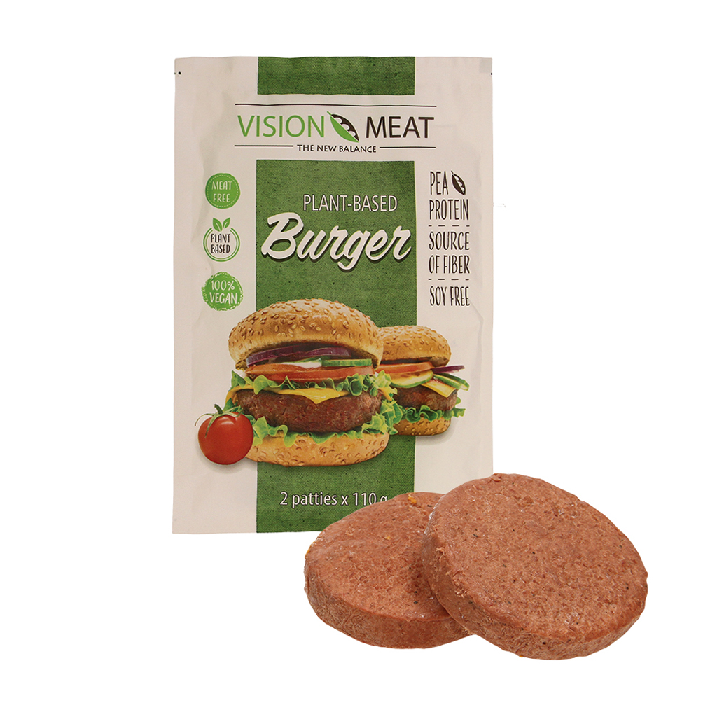 Veganes Erzeugnis auf Basis von Erbseneiweiß, zu einem Burger-Patty geformt mit Rindfleischgeschmack, tiefgefroren.