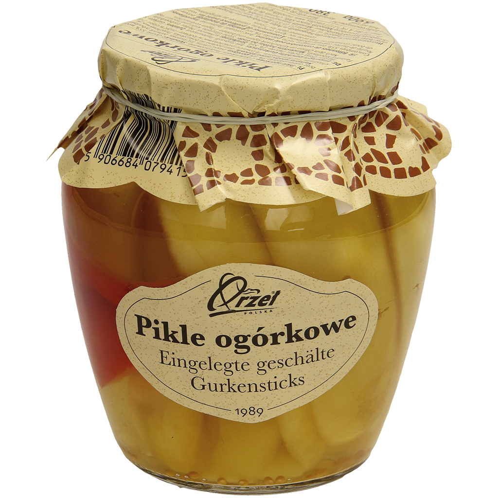 "Pikle Ogorkowe" Eingelegte geschälte Gurkensticks. Mit Farbstoff. Pasteurisiert.