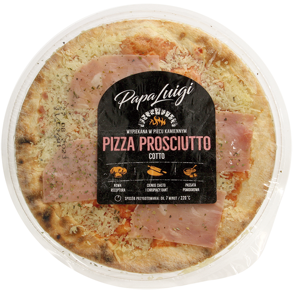 "Pizza Prosciutto Cotto" - Pizza à la mozzarella et à la tende de tranche de porc salée et cuite, avec ajout deau et darôme de viande