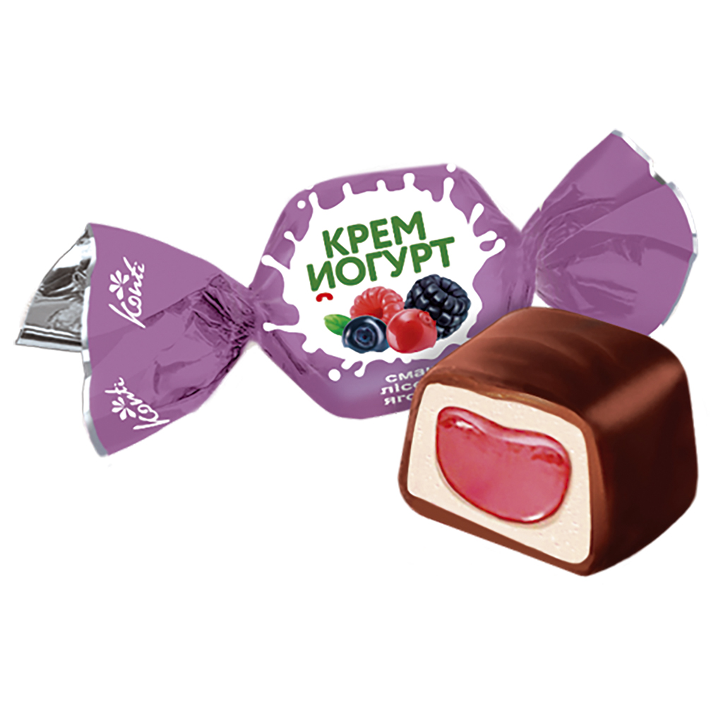 Konfekt "Konti Cream Joghurt" mit Füllung mit Waldbeeren - Geschmack 28,2% in kakaohaltiger Fettglasur 20% /lose