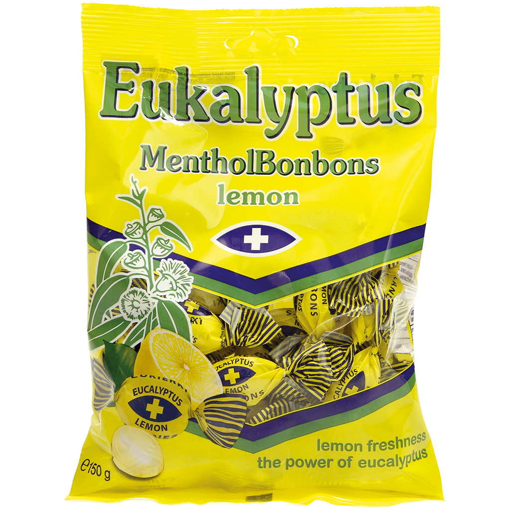 "Eukalyptus Menthol Lemon" Hartkaramellen mit Eukalyptus- und Minzöl, mit Zitronengeschmack.