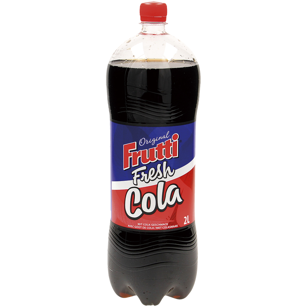 Kohlensäure- und koffeinhaltiges Erfrischungsgetränk – "Frutti Fresh" mit Cola-Geschmack, mit Zucker und Süßungsmitteln.