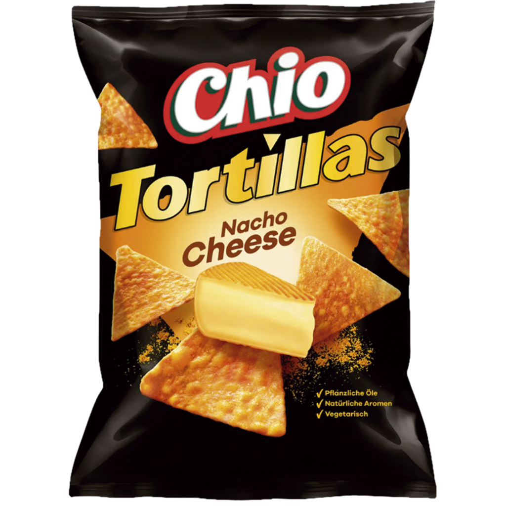Chio Tortillas Nacho Cheese, Mais-Snack mit Käse-Geschmack