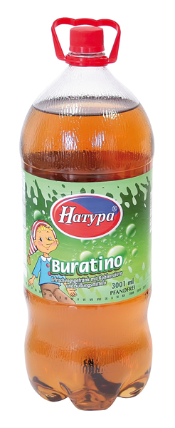 Erfrischungsgetränk mit Kohlensäure und Süßungsmitteln (Apfelsinengeschmack) "Buratino"