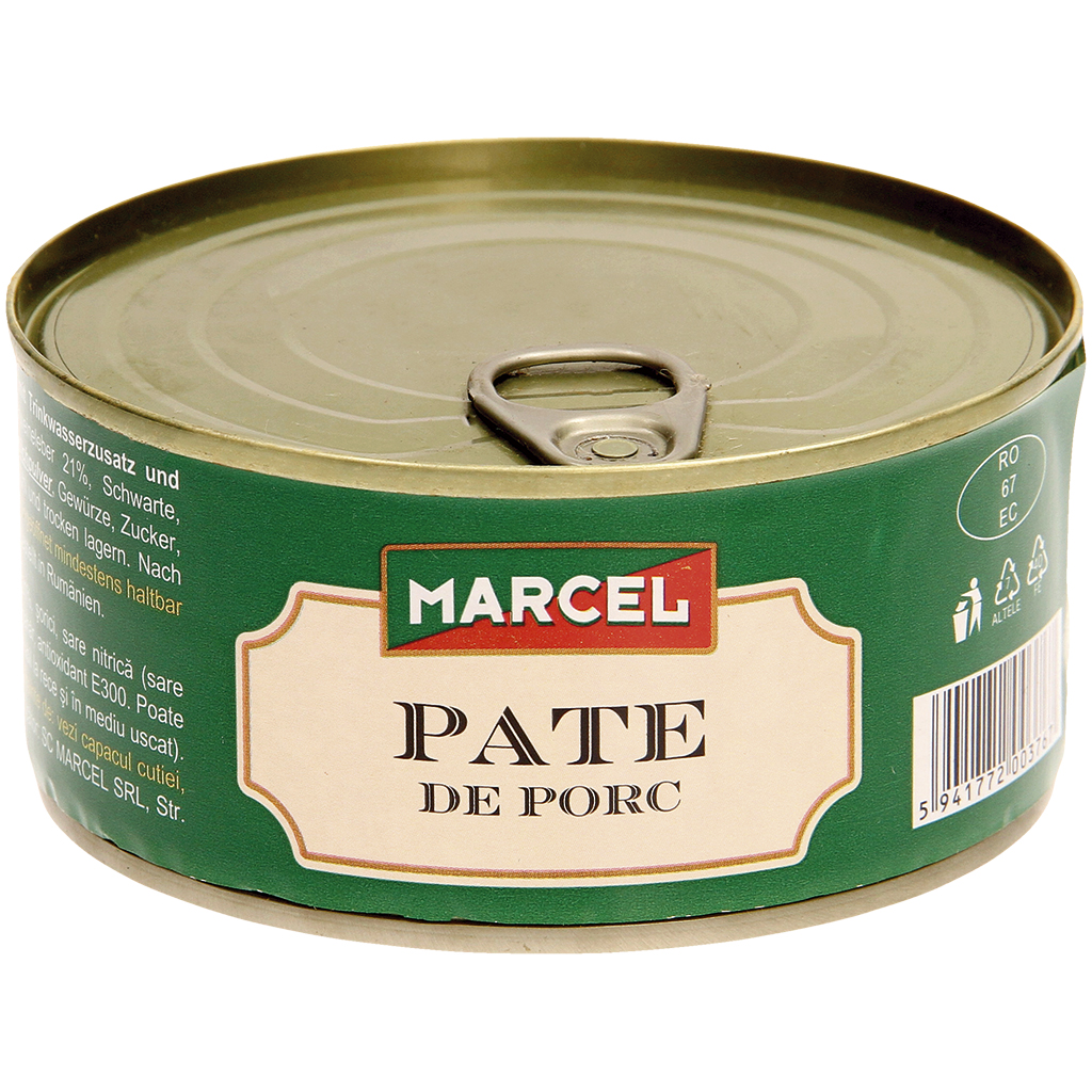 Feinzerkleinertes gepökeltes Erzeugnis mit Speck und Schweineleber, mit Trinkwasserzusatz und Milcheiweißerzeugnis, streichfähig "Marcel - Pate de porc"