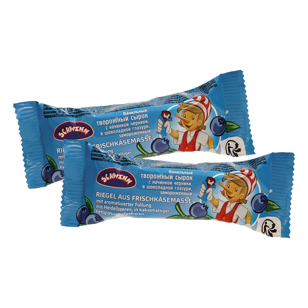 Riegel aus Frischkäsemasse, mit aromatisierter Füllung mit Heidelbeeren, in kakaohaltiger Fettglasur, tiefgefroren.
