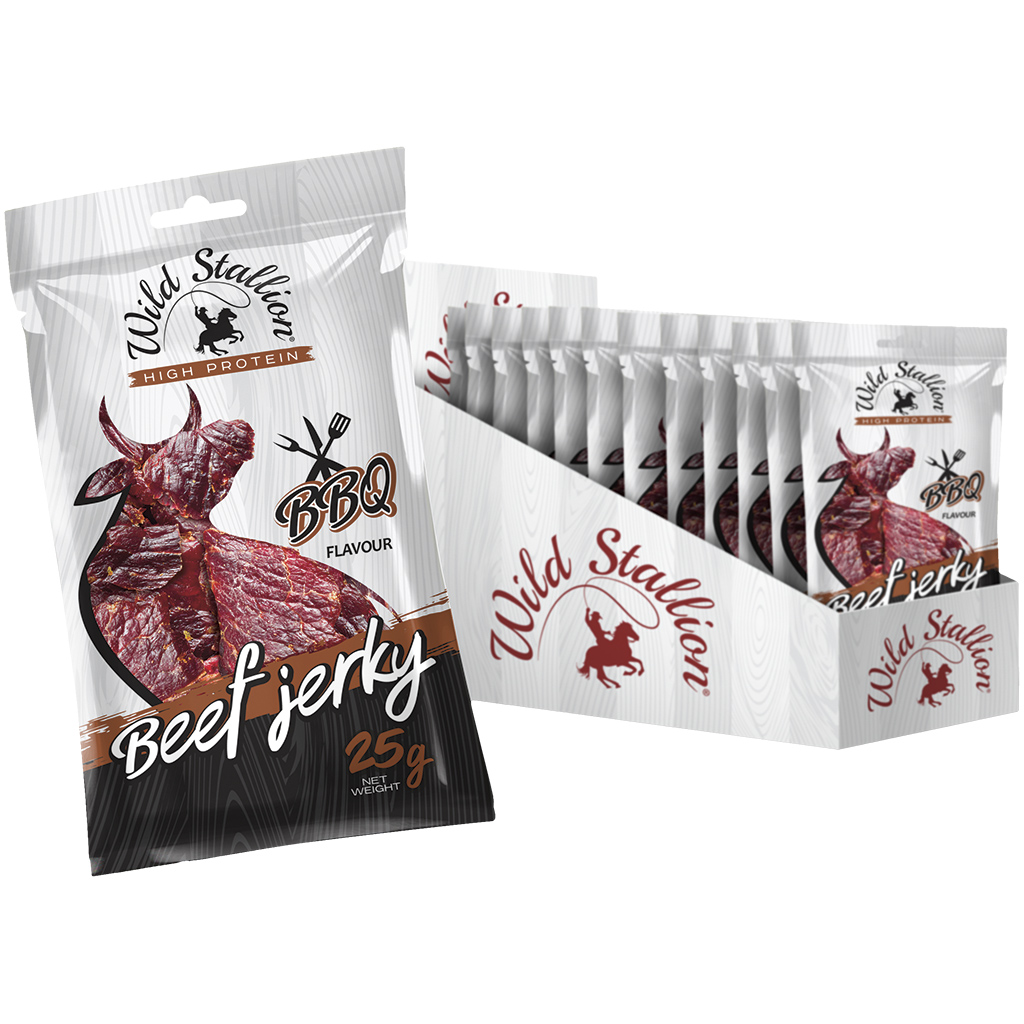 "WILD STALLION" Beef Jerky BBQ - Getrocknetes Rindfleisch mit Barbecue-Sauce Geschmack, gepökelt und mariniert. 100g Beef Jerky wurden aus 180g Rindfleisch hergestellt.