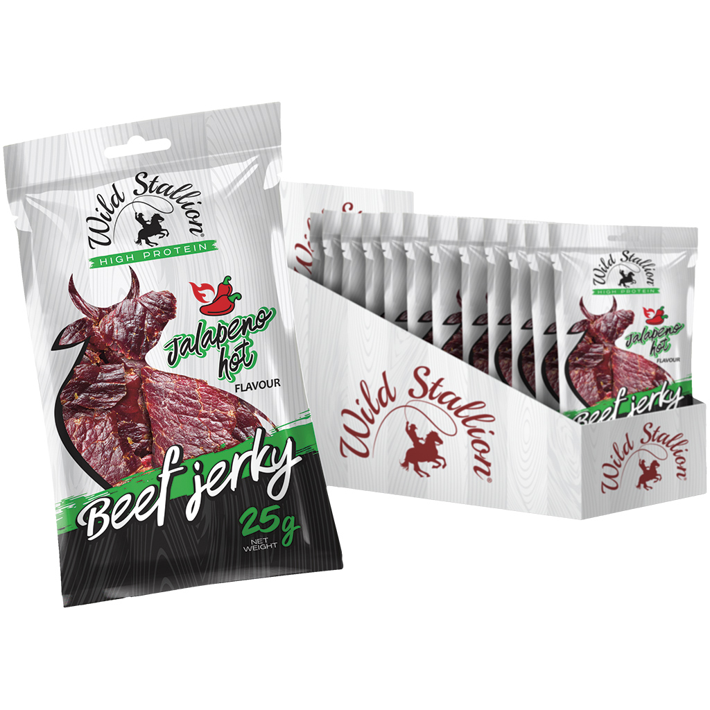 "WILD STALLION" Beef Jerky Jalapeno - Getrocknetes Rindfleisch mit scharfem Paprika Geschmack, gepökelt und mariniert. 100g Beef Jerky wurden aus 180g Rindfleisch hergestellt.